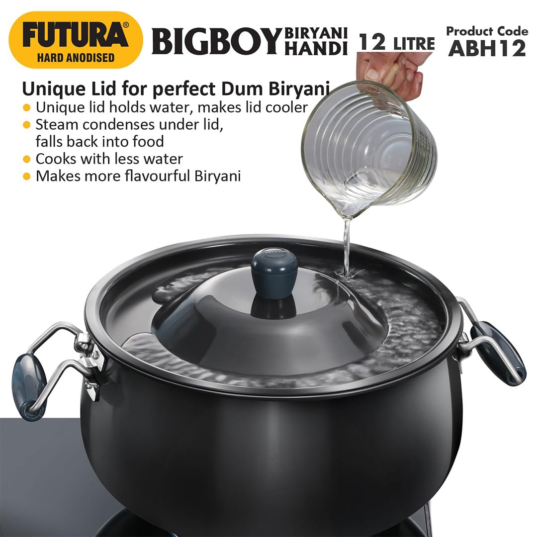 Picture of Hawkins Futura 12 Litre Bigboy Biryani Handi, Polished Hard Anodised Pot with Hard Anodised Lid, Sauce Pan for Cooking and Serving Biriyani